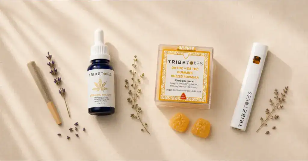 TribeTokes cannabis products flatlay showing four delivery methods — preroll, tincture bottle, gummies, and disposable vape on cream background for bioavailability and dosing guide