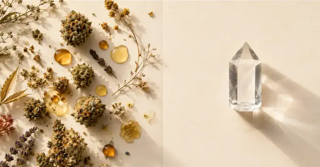 Hemp flower botanicals and amber oil drops on the left representing full spectrum CBD complexity alongside a single clear crystal on the right representing CBD isolate — entourage effect comparison