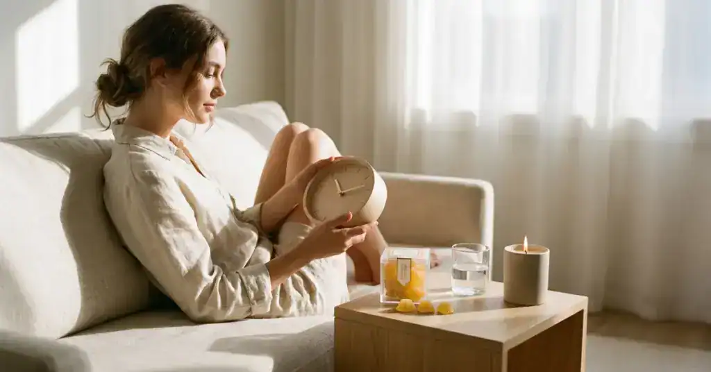 Woman relaxing on cream sofa holding a wooden clock while TribeTokes THC gummies sit on the side table beside a glass of water, illustrating the 45–90 minute onset timeline for edibles.