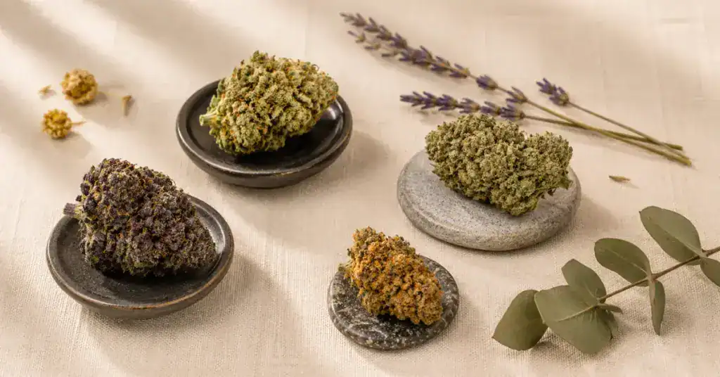 Four different cannabis strain buds with varied colors and trichome profiles arranged on cream linen — editorial flatlay representing how to choose the right cannabis strain based on cannabinoids, terpenes and personal goals