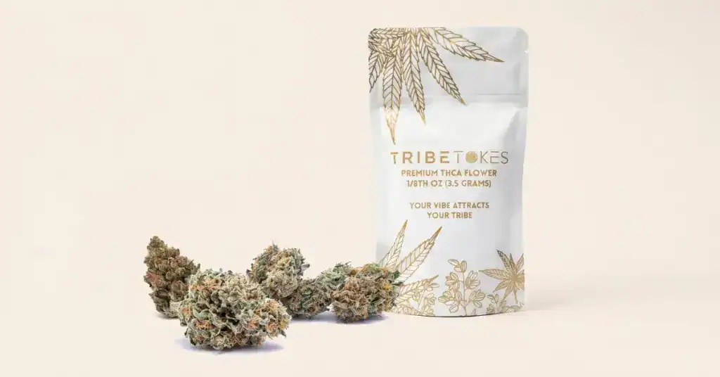 TribeTokes Premium THCa Flower 3.5g bag with three trichome-frosted indoor cannabis buds arranged on a cream background, showing the quality indicators to look for when buying THCa flower