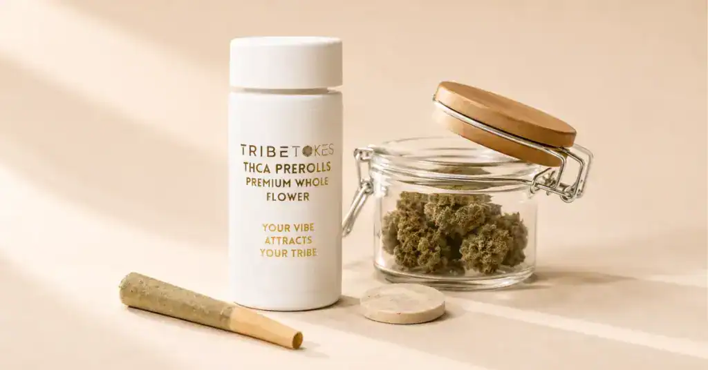 TribeTokes THCa preroll container beside an airtight glass jar and humidity pack on a cream background representing proper preroll storage to maintain freshness