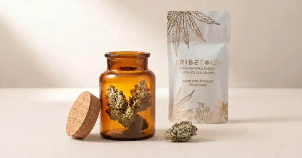 TribeTokes Premium THCa Flower stored in an open amber glass jar with a cork lid beside the branded packaging bag, demonstrating proper airtight container storage to preserve terpenes and cannabinoids.