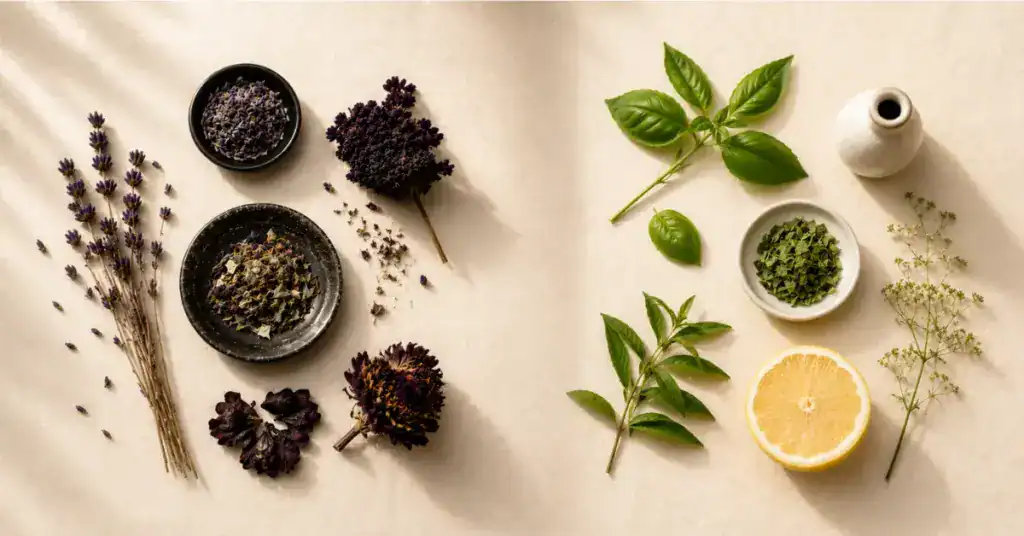 Split flat lay comparing indica-dominant and sativa-dominant hybrid cannabis effects — dark botanicals representing body relaxation on one side, bright herbs representing uplifting energy on the other