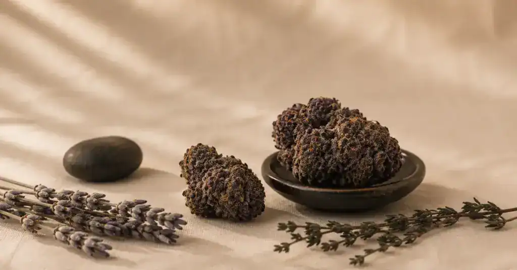 Dense purple and dark green indica cannabis buds with dried lavender on cream linen — editorial flatlay representing indica strain effects, sedation timeline and what to expect from indica THC products