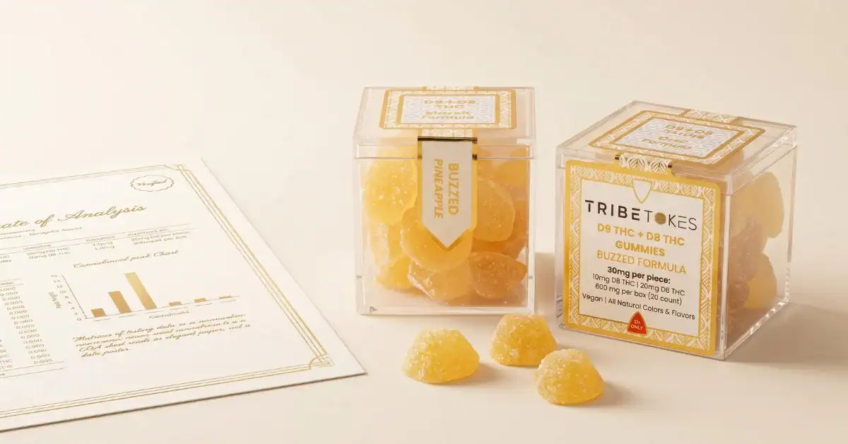 TribeTokes Buzzed Pineapple THC gummies beside a printed Certificate of Analysis showing cannabinoid data, illustrating why terpene profile and lab results matter more than THC percentage alone