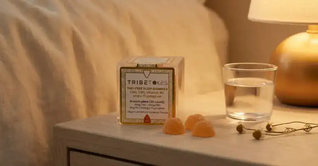 TribeTokes CBD CBN THC-free sleep gummies in clear acrylic jar on warm amber-lit nightstand with chamomile — natural bedtime sleep ritual