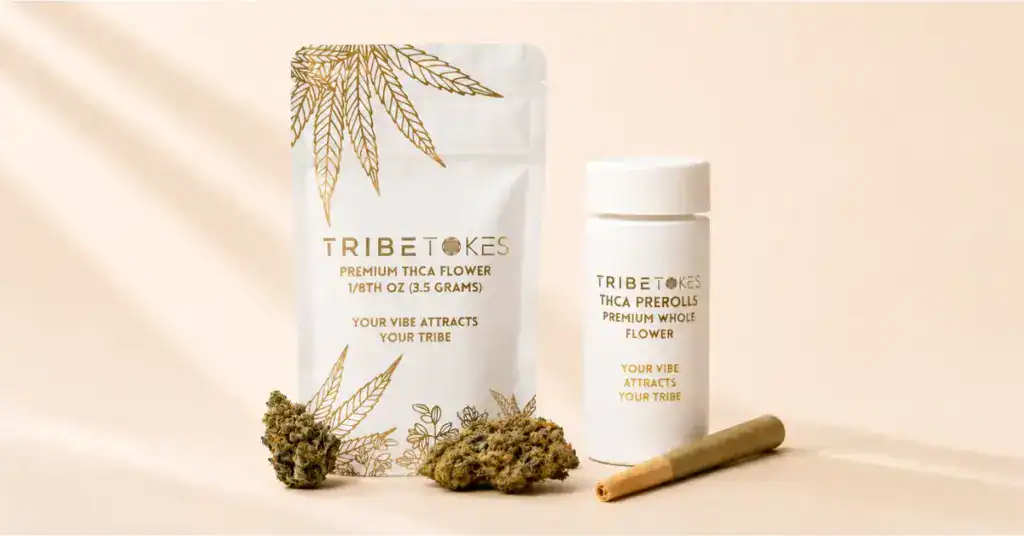 TribeTokes Premium THCa Flower bag with cannabis buds alongside a THCa Prerolls container and preroll on a cream background representing the comparison between loose flower and prerolls