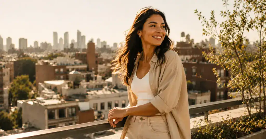 Woman on a sunlit rooftop with a bright uplifted expression representing the complete sativa cannabis effects timeline from onset to peak to comedown