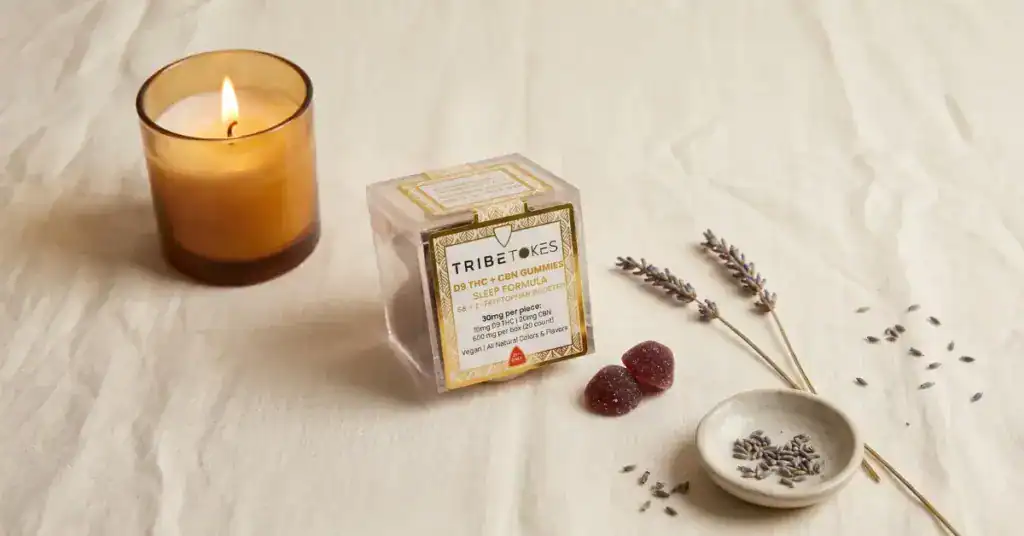 TribeTokes D9 THC + CBN Sleep Gummies box with two loose dark berry gummies, 10mg Delta-9 THC and 20mg CBN per piece, Sleep Formula with B6 and L-Tryptophan