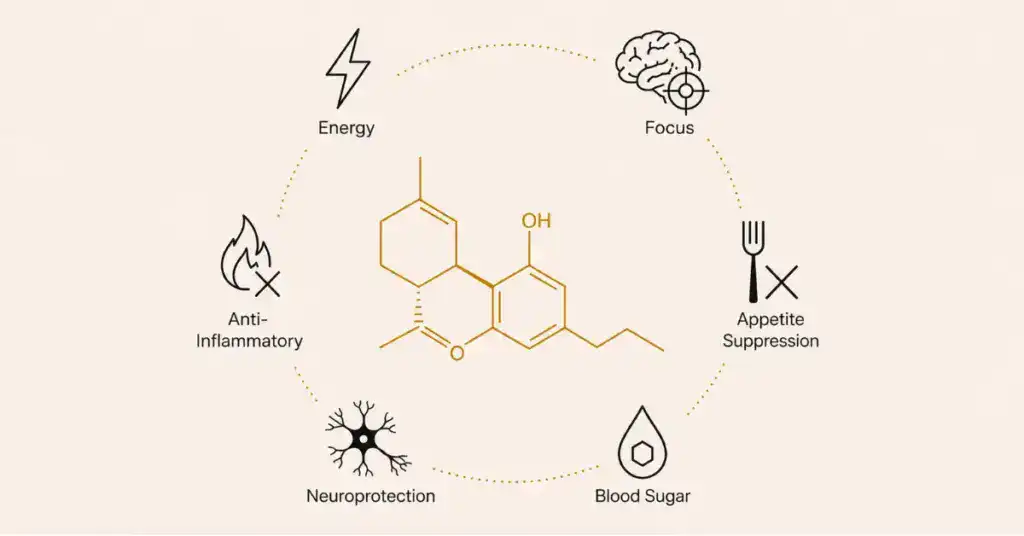 HCV cannabinoid molecular structure with labeled research benefit icons showing energy focus anti-inflammatory appetite suppression neuroprotection and blood sugar effects from preclinical and clinical cannabinoid research
