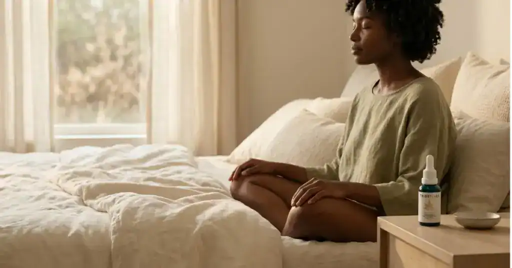 Woman sitting in stillness on cream linen bed with amber CBD tincture bottle on nightstand — intentional cannabis wellness routine