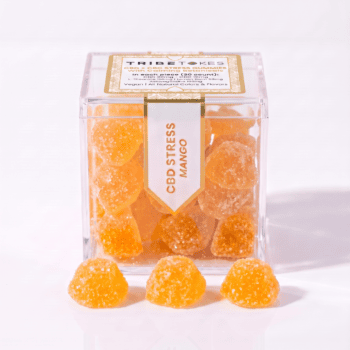 TribeTokes CBD Stress Mango gummies in a clear cube box with three sugar-coated gummies in front on a white background