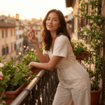Woman in a cream linen jumpsuit relaxing on a flowering balcony at golden hour, holding a TribeTokes THC Stress Raspberry Lime gummy