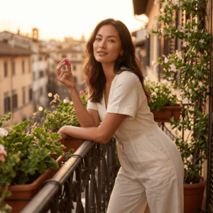 Woman in a cream linen jumpsuit relaxing on a flowering balcony at golden hour, holding a TribeTokes THC Stress Raspberry Lime gummy