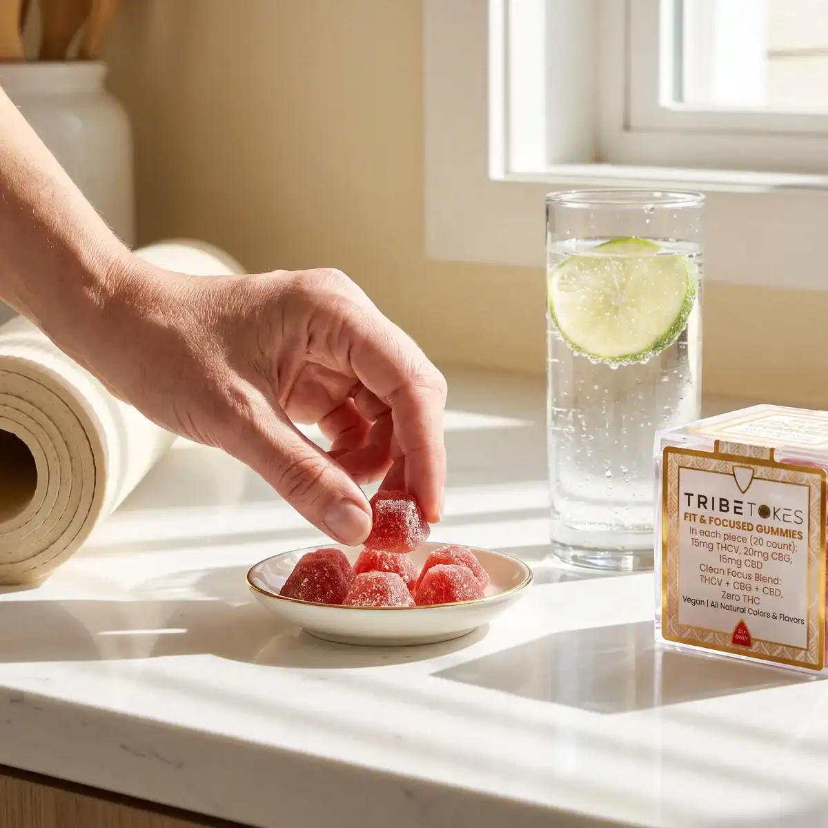 Hand reaching for a TribeTokes Fit & Focused Strawberry gummy from a dish beside a rolled yoga mat and a glass of lime sparkling water on a sunny kitchen counter