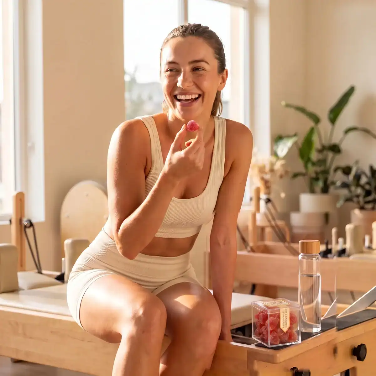 Woman in a cream set laughing in a Pilates studio holding a TribeTokes Fit & Focused Strawberry gummy, the cube box and water bottle on the reformer beside her