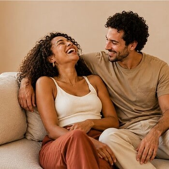 Man and woman laughing together on a cream couch in natural light, representing cannabis and sexual wellness