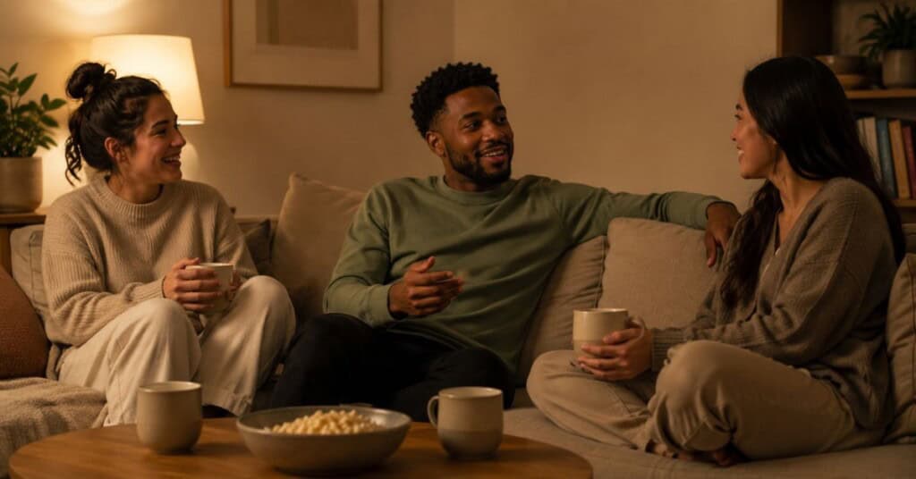 Three friends relaxing together on a sofa in a warm living room with ceramic mugs and a bowl of snacks on the coffee table enjoying a calm evening conversation in a cozy home setting.
