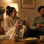 Three friends relaxing together on a sofa in a warm living room with ceramic mugs and a bowl of snacks on the coffee table enjoying a calm evening conversation in a cozy home setting.