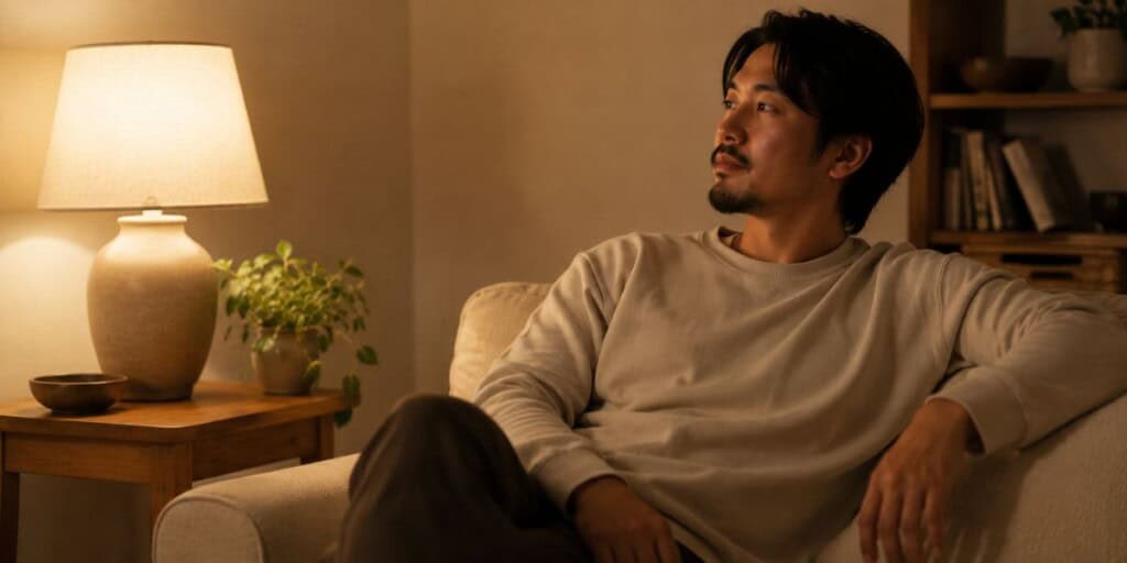 Person relaxing in a comfortable chair beside a warm table lamp in the evening with neutral home décor creating a quiet peaceful end-of-day atmosphere.