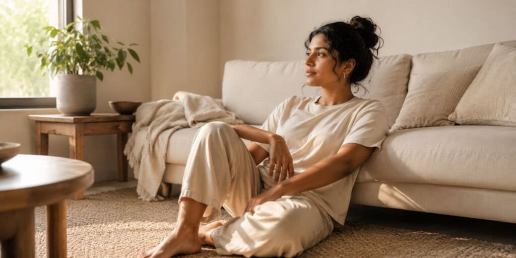 Person relaxing on the floor against a cream sofa in soft natural daylight with bare feet and neutral home décor creating a calm comfortable end-of-day atmosphere.