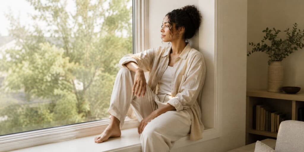 Person seated on a wide window ledge looking out at the trees in soft natural daylight wearing neutral clothing in a calm home setting with a peaceful reflective mood.