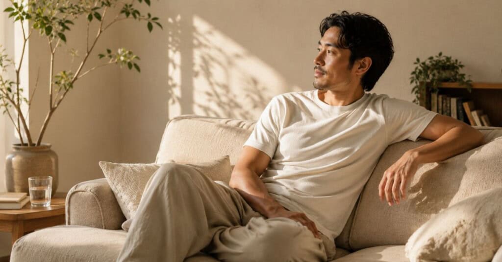 Person relaxing on a cream sofa beside a glass of water in warm afternoon sunlight with neutral home décor and a calm unhurried atmosphere.
