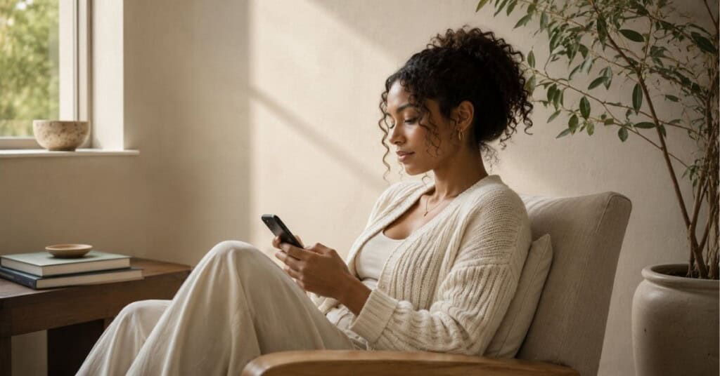 Person sitting in a linen armchair by a window reading their phone in soft natural daylight with warm neutral décor and a calm thoughtful expression in a peaceful home setting.