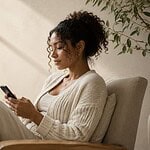 Person sitting in a linen armchair by a window reading their phone in soft natural daylight with warm neutral décor and a calm thoughtful expression in a peaceful home setting.
