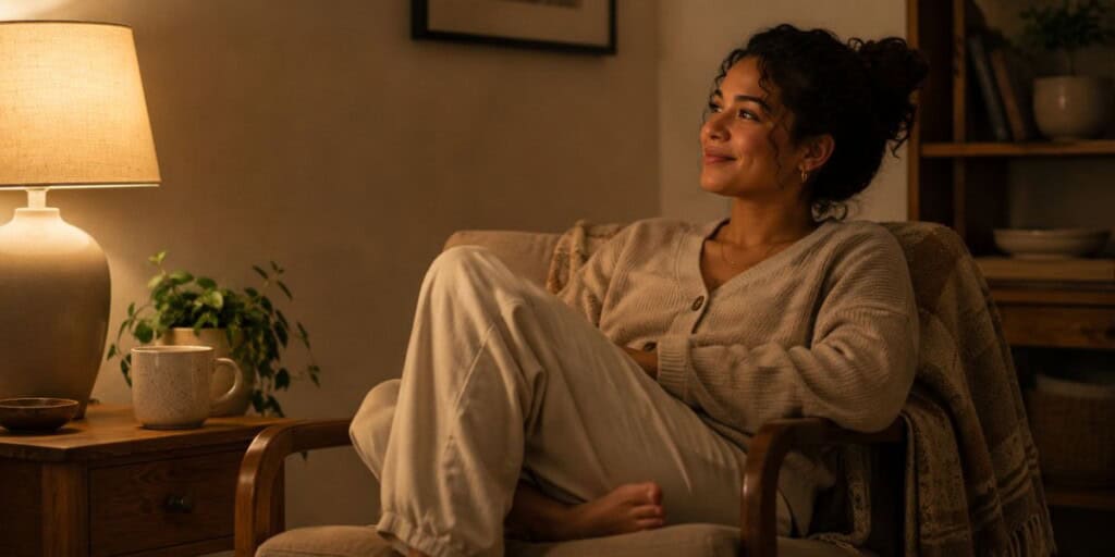 Person relaxing barefoot in a comfortable chair beside a warm table lamp with a ceramic mug on a side table in a cozy neutral-toned living room at the end of the day.