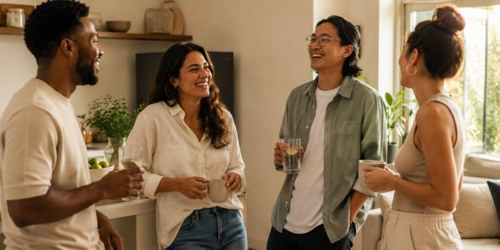 Small group of friends talking and laughing in a warm home kitchen holding ceramic mugs and sparkling water while enjoying a relaxed alcohol-free gathering in soft afternoon light.