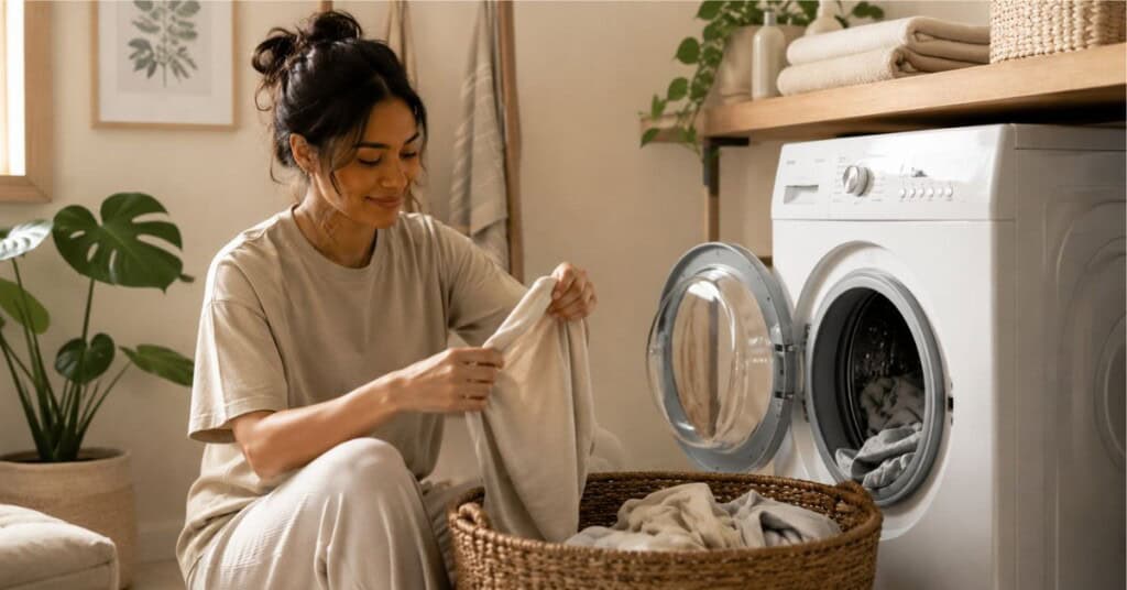 Person calmly folding laundry beside a washing machine in a warm neutral-toned laundry room with soft natural light and a relaxed home atmosphere.