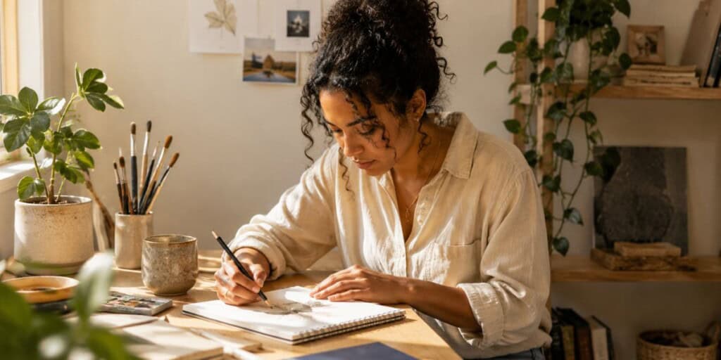 Person deeply focused on sketching in a notebook at a sunlit desk in a warm neutral-toned creative workspace with a calm, cozy home studio atmosphere.