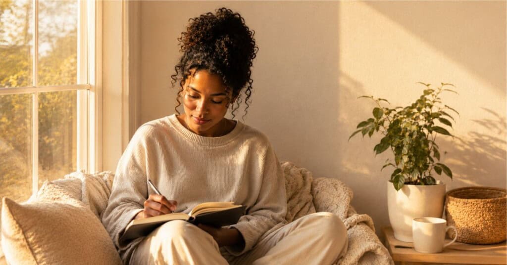 Thoughtful person sitting by a sunlit window in a cozy neutral-toned reading nook writing in an open journal during warm evening light.