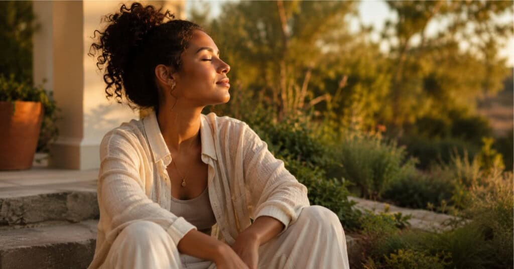 Person sitting outdoors at golden hour with eyes closed in quiet reflection wearing neutral clothing in a peaceful natural setting with warm evening light and a soft blurred background.