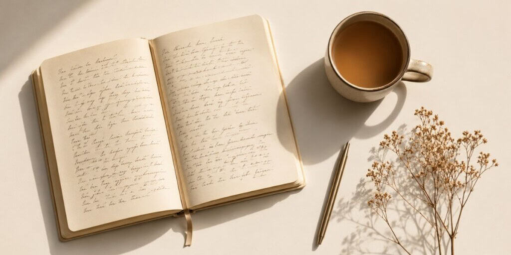 Overhead flat lay of an open journal with handwritten notes beside a ceramic mug, pen, and dried botanical sprig on a cream background in soft natural morning light.