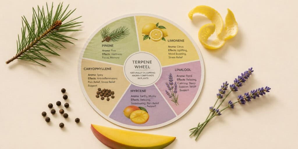 Illustrated terpene wheel surrounded by a pine sprig lemon peel black peppercorns lavender sprigs and a slice of mango on a cream background representing common cannabis terpenes.
