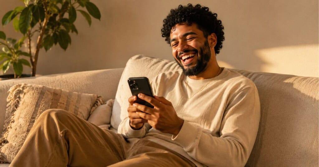 Person laughing while looking at a phone on a cream linen sofa in warm evening light with a relaxed neutral-toned living room background.