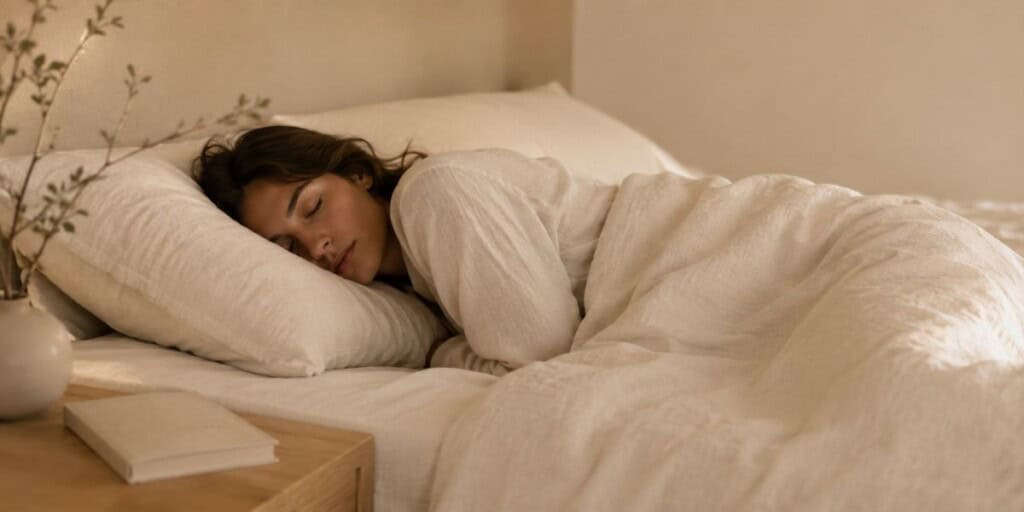 Person sleeping peacefully in soft cream linen bedding with a linen-bound book on the bedside table in a warm minimalist bedroom, representing deep rest and healthy sleep.