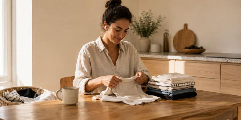 Person folding laundry at a kitchen table in a warm sunlit home with neatly stacked clothes and a coffee cup creating a calm everyday lifestyle scene.