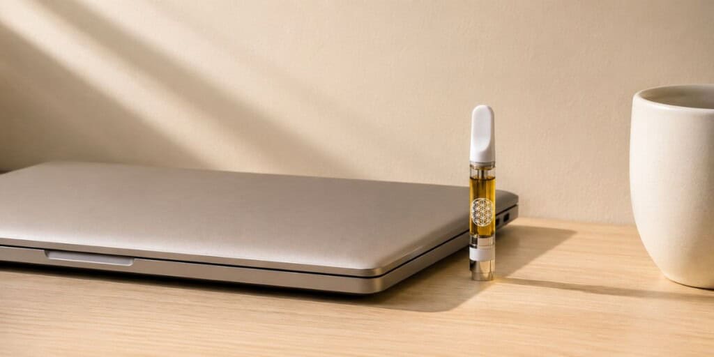 TribeTokes Delta 8 THC vape cartridge standing beside a closed laptop and white ceramic mug on a light wood desk in a warm cream workspace, representing a calm end-of-workday wellness routine.