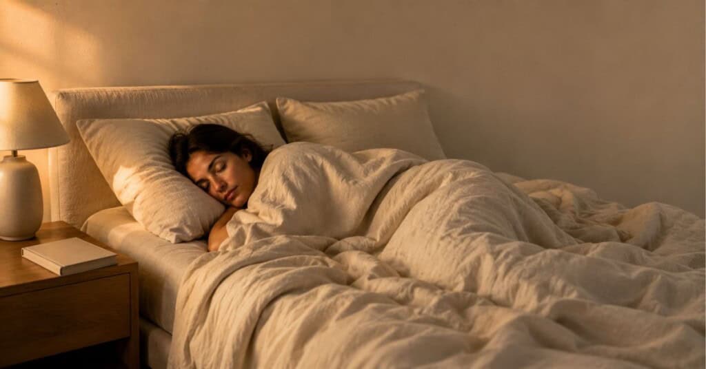 Person sleeping peacefully in a cream-toned bedroom with rumpled linen bedding and warm evening light creating a calm and restful atmosphere.