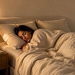 Person sleeping peacefully in a cream-toned bedroom with rumpled linen bedding and warm evening light creating a calm and restful atmosphere.