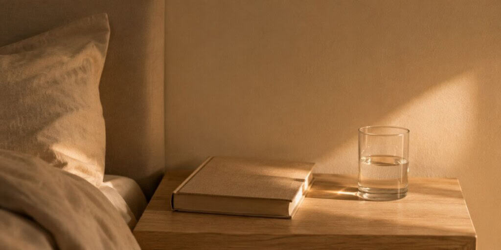 Linen-bound book and a glass of water on a wooden bedside table in a warm cream bedroom creating a calm and restful evening scene.