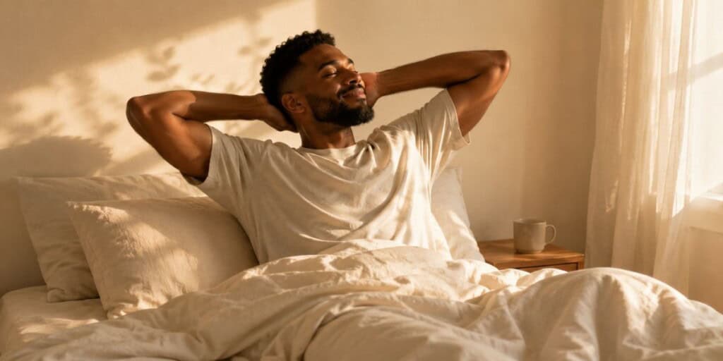 A man waking up refreshed in soft morning light with cream linen bedding creating a calm and well-rested morning lifestyle scene.