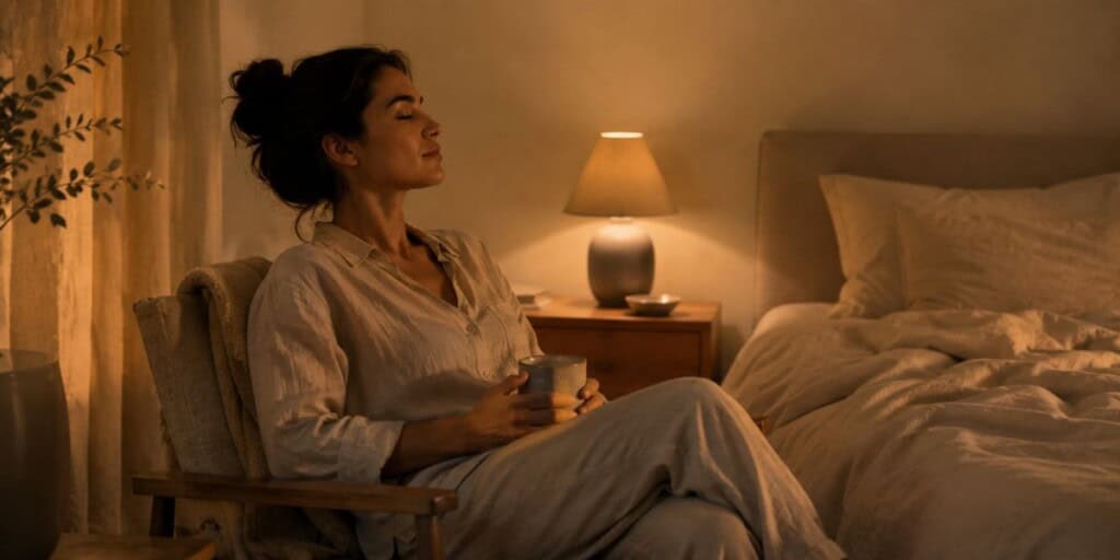 Person quietly unwinding before bed in a warm cream bedroom with soft evening light creating a peaceful and relaxing end-of-day atmosphere.