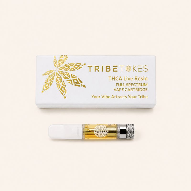 TribeTokes THCa Live Resin Full Spectrum Vape Cartridge with matching product box on a cream background in soft natural light with a clean minimalist wellness aesthetic.