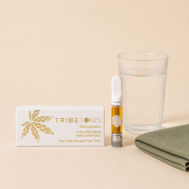 TribeTokes THCa live resin vape cartridge with packaging beside a clear glass of water and a folded sage linen napkin on a cream background with soft natural light creating a calm evening wellness scene.