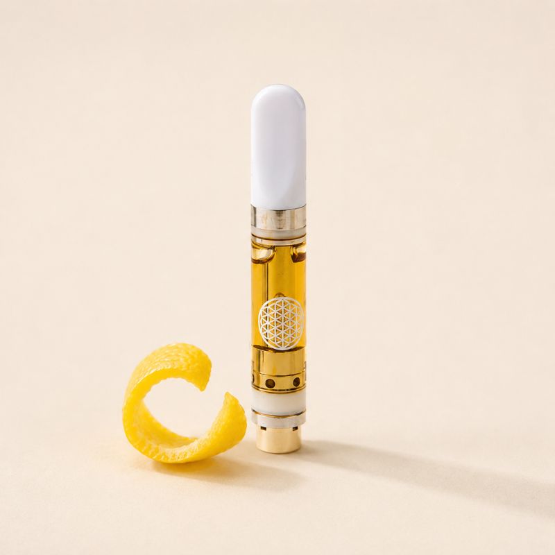 TribeTokes THCa live resin vape cartridge standing upright beside a lemon peel curl on a cream background with soft natural lighting and a clean editorial wellness aesthetic.